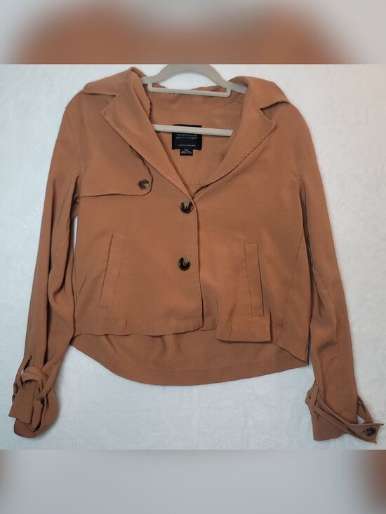 Anthropologie Jackets & Blazers - Anthropologie X Sanctuary Cropped Trench Coat Sz XXS Tan Slant Pockets Buttons